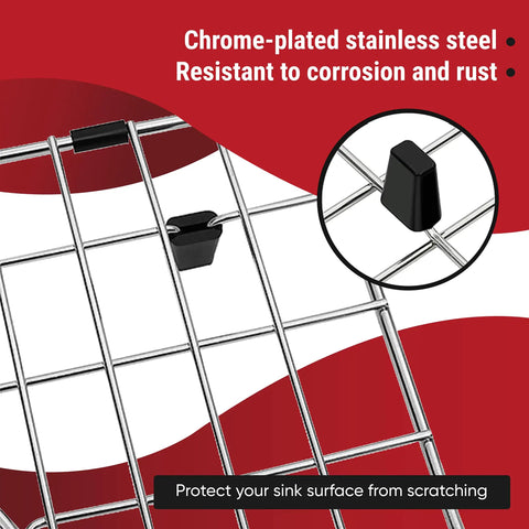 Close-up of chrome-plated Stainless Steel Sink Grid Protector for Kitchen Sink 13x16 Inches, showing anti-scratch rubber feet.