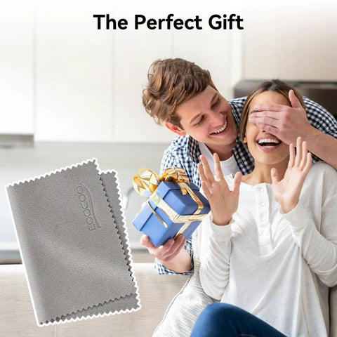 Ultra Soft Microfiber Cleaning Cloths 3 Pack next to a happy couple with a gift in a modern home setting.