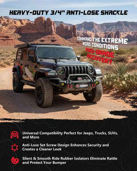 Jeep equipped with Three Quarter Inch D Ring Shackle Two Pack With Forty Five Thousand Pound Break Strength Built Tough Seven Eighth Inch Pin Anti Theft Screws Isolator And Washer Kit For Tow Straps Winch Truck And Vehicle Recovery Red.