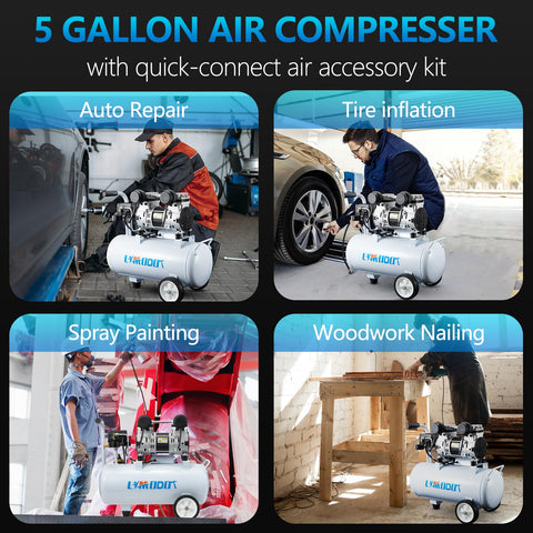 Quiet 68dB 5 Gallon Oil-Free Air Compressor For Woodworking And Garage Use, auto repair, tire inflation, spray painting, nailing