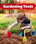 Child using Five Piece Kids Garden Set With Metal Handle Tools For Ages 3 To 8, Fun Beach Sand Toys For digging in soil