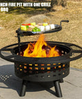 36 Inch Outdoor Fire Pit With Grill And Lid Wood Burning Fire Pit Table 3 In 1 Metal Fire Pit With Cooking Grate And Fire Poker For Bonfire Yard BBQ Jet Black with vegetables grilling on the grate
