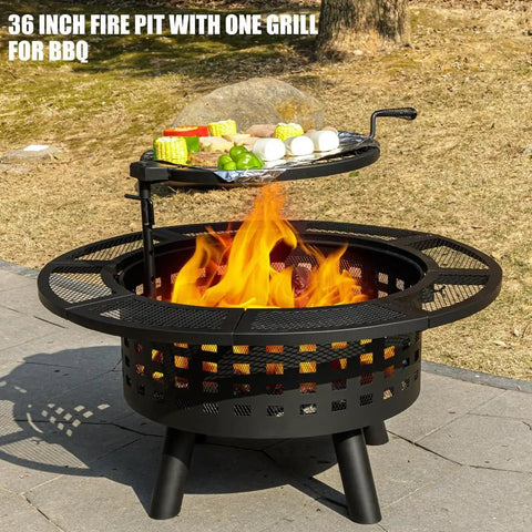 36 Inch Outdoor Fire Pit With Grill And Lid Wood Burning Fire Pit Table 3 In 1 Metal Fire Pit With Cooking Grate And Fire Poker For Bonfire Yard BBQ Jet Black with vegetables grilling on the grate