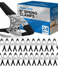 Six Inch Heavy Duty Spring Clamps Pack Of 24 For Woodworking And Carpentry, Black Metal Jaw Opening Three Inches in packaging