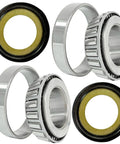 Steering Stem Bearing Seal Kit Fits FX FXWG FXST FLST XL FXR VRod And Most V Twin Touring Softail Dyna Sportster Models 1984 Through 2016 Durable Seal Pack For Smooth Steering And Long Lasting Performance showing two bearings and two seals