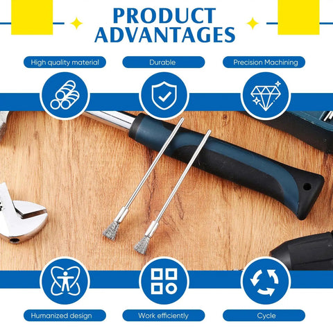Tear Through Rust And Peeling Paint With This Heavy Duty Ten Pack Stainless Steel Wire Pen Brush Featuring A Tough 3Mm Shank For Rotary Tools And Dremel Drills Solid Workhorse Gear displayed with product advantages and tools.