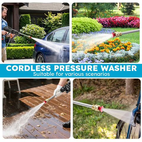 No Sweat Battery Powered Cordless Car Washer With Badass Handheld Pressure Cleaner used on car, flowers, patio, and bike.