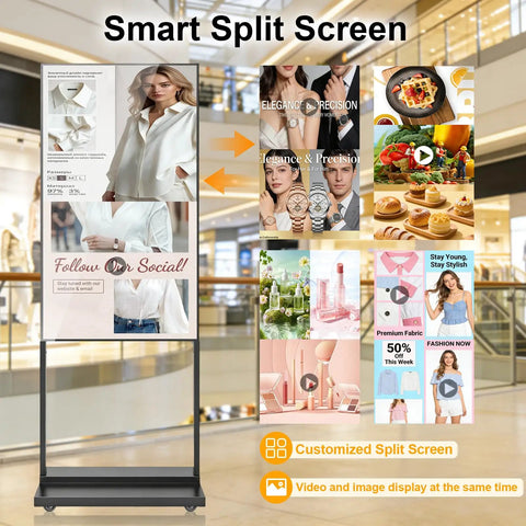 Crisp 55 Inch 4K Floor Standing Digital Signage Screen displaying split content in a retail environment with smooth casters.