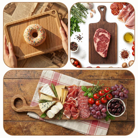 Wooden charcuterie board with handle, displaying a donut, steak, and assorted meats and cheeses for serving.