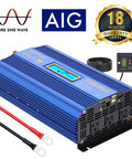 Rugged 1500 Watt Pure Sine Wave Inverter Effortlessly Converts 12V DC To 120V AC With Triple Outlets And Dual USB Chargers, showing blue casing and inverter features.