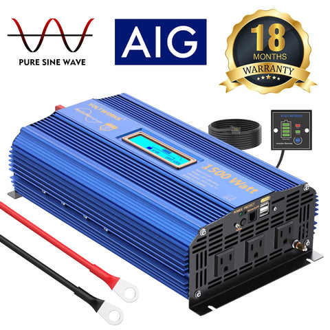 Rugged 1500 Watt Pure Sine Wave Inverter Effortlessly Converts 12V DC To 120V AC With Triple Outlets And Dual USB Chargers, showing blue casing and inverter features.