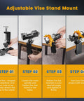 Adjustable vise stand mount showing assembly steps for Built Tough Rotating Vise Stand Featuring Rock Solid Grip And 360 Degree Swivel.