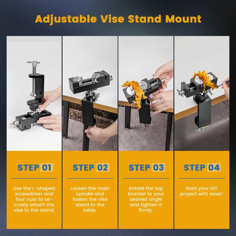 Adjustable vise stand mount showing assembly steps for Built Tough Rotating Vise Stand Featuring Rock Solid Grip And 360 Degree Swivel.