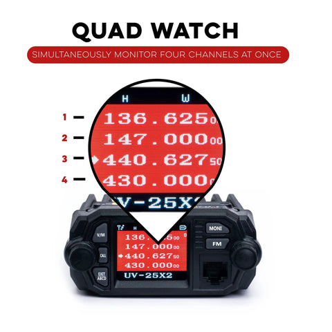 UV-25X2 Second Gen Mini 25 Watt Dual Band Base Station Radio showing quad watch feature on screen.