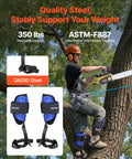 Height Adjustable Tree Climbing Spikes Set With Straps And Waist Harness in use by arborist on tree with chainsaw.