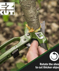 Heavy Duty Ratcheting Pruning Shears For Effortless Garden Cuts Up To 1.5 Inches cutting a branch close-up