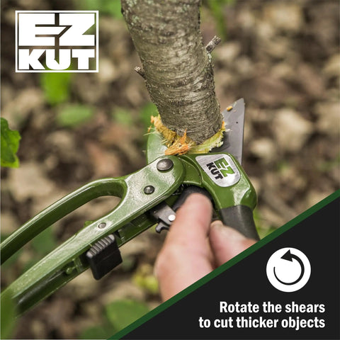 Heavy Duty Ratcheting Pruning Shears For Effortless Garden Cuts Up To 1.5 Inches cutting a branch close-up