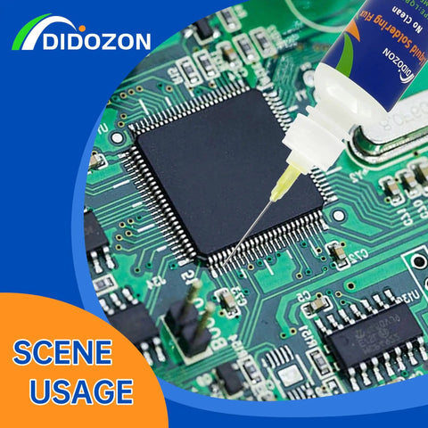 Applying No Clean Liquid Solder Flux Dropper For Electrical And Aluminum Soldering No Residue Formula on a circuit board close-up