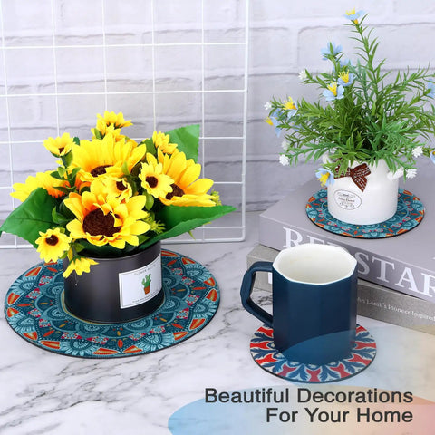 8 Pcs Boho Plant Coaster And Mat Set For Indoor And Outdoor Pots Protect Tables Desks And Floors With Round Flower Saucers In Two Sizes 12 By 12 Cm And 22 By 22 Cm shown with plants and cup