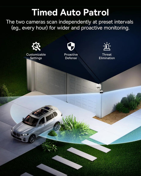 Solar Powered Outdoor Security Cam With Dual 3K AI Lenses, scanning a driveway with timed auto patrol at night