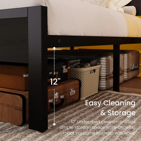 Queen Bed Frame With Smart App Controlled RGB LED Lights, Dual Wireless Charging Dock, Built In Storage Shelf, Modern Bedroom Furniture For A Clean Setup And Dope Vibe Upgrade showing 12" under-bed clearance for storage.
