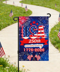 250th Anniversary USA Garden Flag Outdoor Patriotic Yard Flag 1776 2026 Commemorative Fireworks Design displayed on lawn
