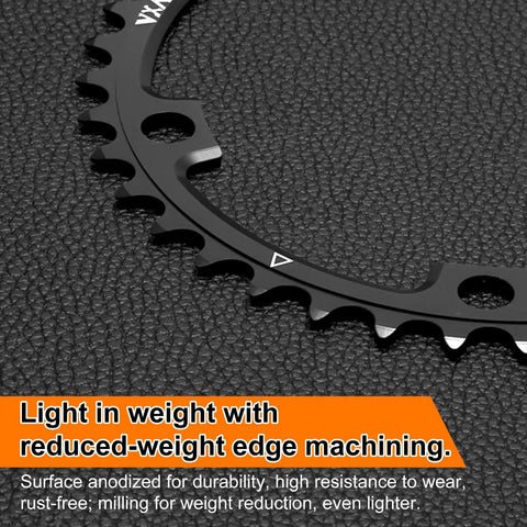 42T 130 BCD Aluminum Narrow Wide Chainring, CNC Machined, Partial View, Black Design, Durable Teeth Profile, for Road Bikes.