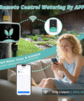 Smart WiFi Water Timer For Garden Hose With App Control No Fuss Setup 2 Zone Brass Inlet And Outlet Rain Delay Auto And Manual Modes For Drip Irrigation Pool And Lawn Battery Powered 2 4 GHz WiFi, showing app control on phone with woman using timer remotely.