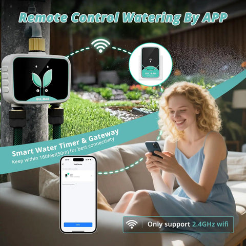 Smart WiFi Water Timer For Garden Hose With App Control No Fuss Setup 2 Zone Brass Inlet And Outlet Rain Delay Auto And Manual Modes For Drip Irrigation Pool And Lawn Battery Powered 2 4 GHz WiFi, showing app control on phone with woman using timer remotely.