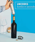 Cordless Electric Wine Opener With Automatic Cork Extractor And Precision Foil Cutter With Rechargeable Base uncorks a wine bottle easily.