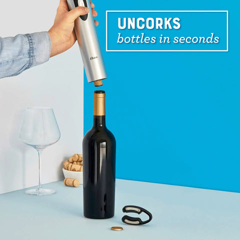 Cordless Electric Wine Opener With Automatic Cork Extractor And Precision Foil Cutter With Rechargeable Base uncorks a wine bottle easily.