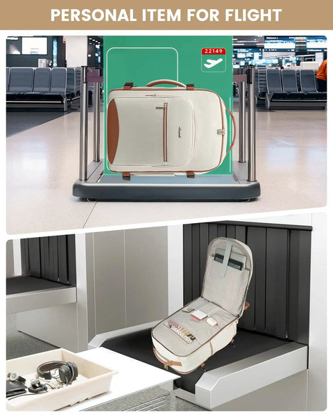 40L Travel Backpack For Men And Women, Waterproof, Airline Approved Carry On shown as personal item at airport checkpoint.