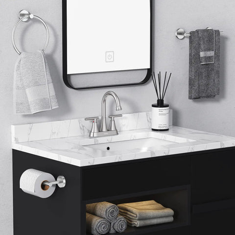 4 Inch Brushed Nickel Bathroom Sink Faucet With Pop Up Drain And Supply Lines 3 Hole Centerset on marble vanity