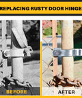 Comparison of chain link gate hinges before replacing with Beefy Four Pack Chain Link Gate Hinges, showing rusted and galvanized steel.