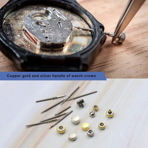 162 Piece Watch Repair Kit With Copper Stainless Steel Crowns And Stem Extenders demonstrated in watch mechanism