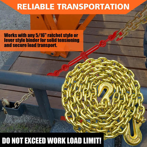 G80 Grade 80 Transport Binder Chain 5 16 Inch By 10 Foot with Clevis Grab Hooks coiled on a flatbed trailer