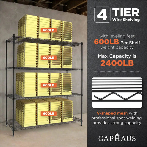 4 Tier Heavy Duty Wire Shelving Unit With Wheels And Leveling Feet, 60 Inch Wide Garage Storage Rack, black steel open shelves in garage