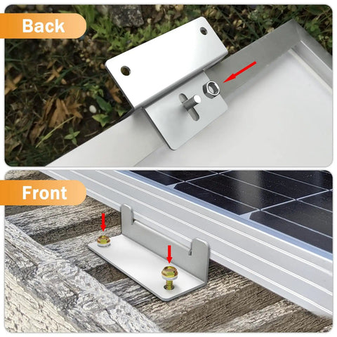 Two views of Solar Panel Mounting Z Brackets Set Lightweight Aluminum Corrosion Resistant 16 Pack for RVs, with bolts on wood.