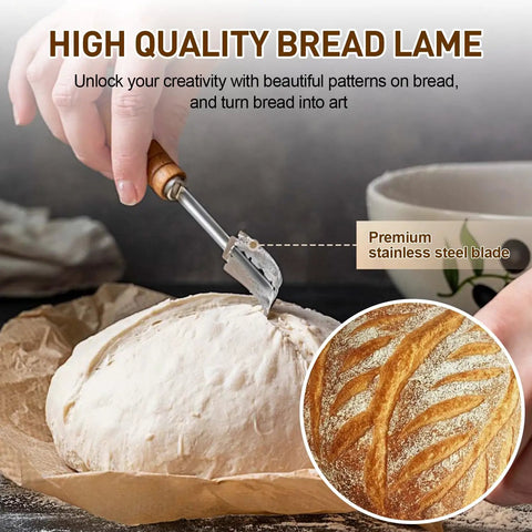 Person using bread lame from 9 Inch Round Sourdough Bread Proofing Basket And Complete Starter Kit to score dough.