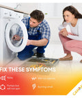 Technician fixing a washer showing common issues like no agitation and burning smell for Solid Heavy Duty Washer Drive Belt W10006384.
