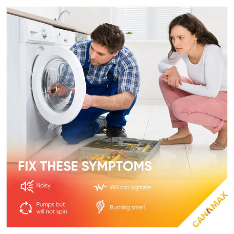 Technician fixing a washer showing common issues like no agitation and burning smell for Solid Heavy Duty Washer Drive Belt W10006384.