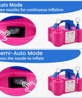 Electric Balloon Pump With Integrated Balloon Tying Tool All In One Portable Inflator Blower showing auto and semi-auto modes.
