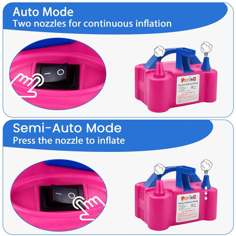 Electric Balloon Pump With Integrated Balloon Tying Tool All In One Portable Inflator Blower showing auto and semi-auto modes.