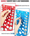 Bolt and nut thread gauge set on red standard and blue metric wall-mounted boards with metal gauges