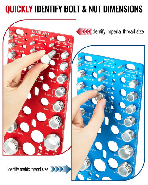 Bolt and nut thread gauge set on red standard and blue metric wall-mounted boards with metal gauges