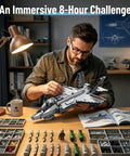 Man assembling F-35 Fighter Jet Building Blocks Set With 1,490 Pieces for a challenging military aircraft model build
