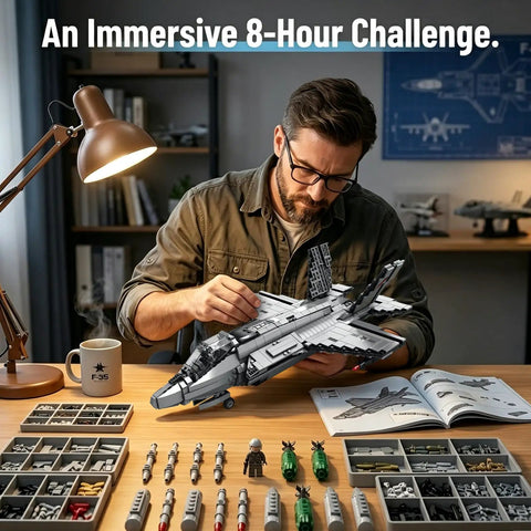 Man assembling F-35 Fighter Jet Building Blocks Set With 1,490 Pieces for a challenging military aircraft model build