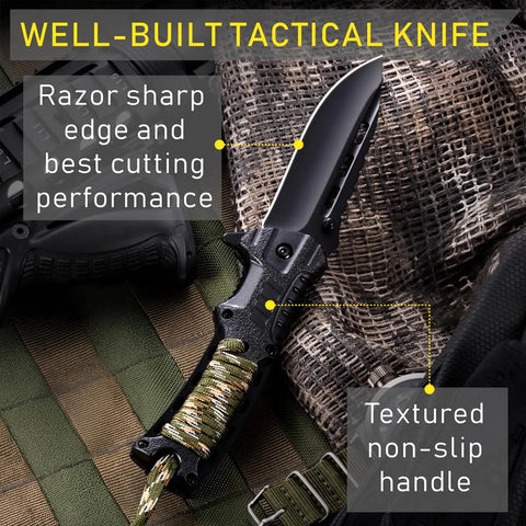 3.74 Inch Sharp Blade Folding Knife With Fire Starter Whistle Paracord Handle Liner Lock EDC Survival Tool close-up