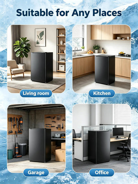 3.2 Cu Ft Upright Mini Freezer Delivers Hardcore Fast Freeze Power With Three Level Thermostat For Rock Solid Chill in living room and kitchen.