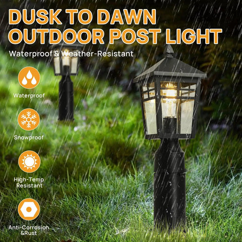 Dusk To Dawn Post Mount Outdoor Light Head with Seeded Glass illuminating garden, showcasing waterproof and weather-resistant features.